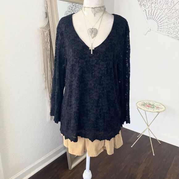 Early 2000's Black Goth Whimsygoth Lace Sheer 3/4 Sleeve Blouse Top 1X Plus Size - Picture 5 of 8